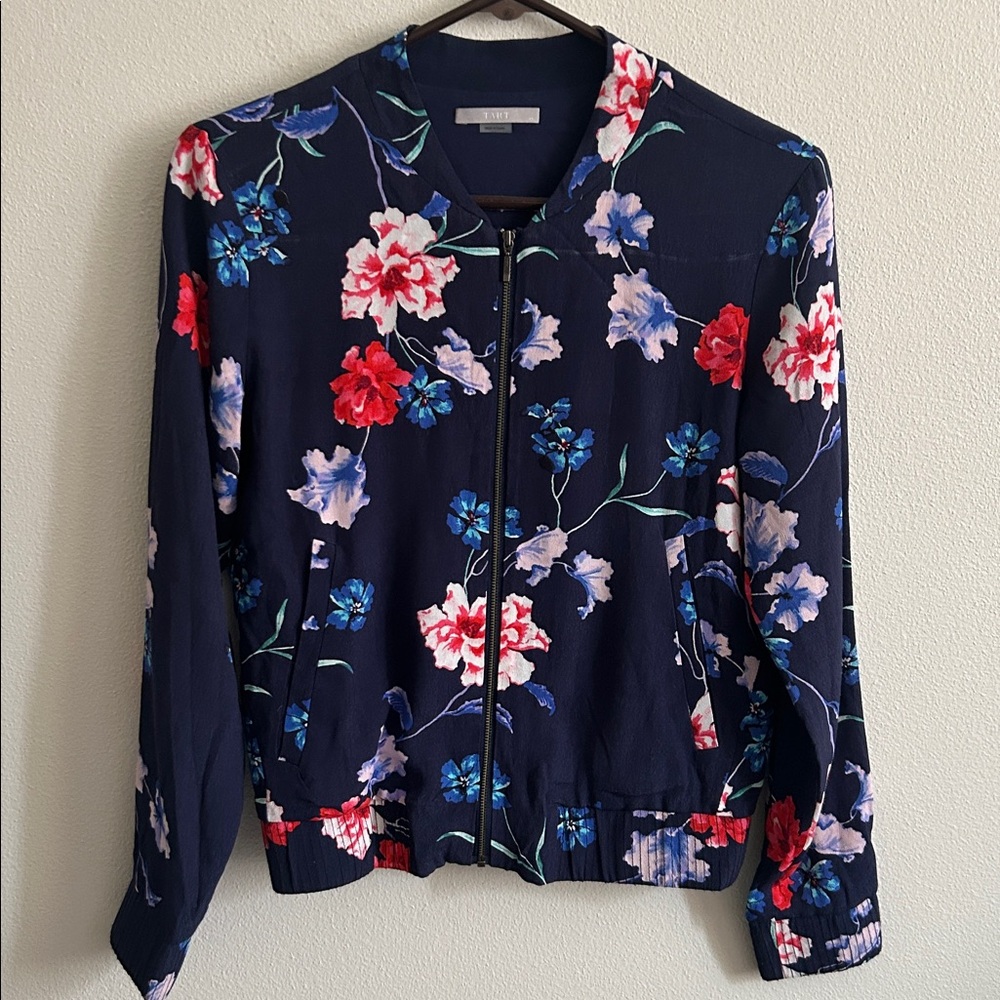 Tart Collections Navy Floral Rayon Elastic Cuffs/Hem Full Zip Bomber Jacket: XS